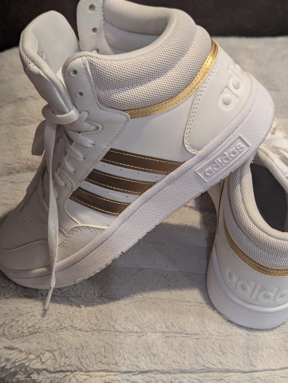 adidas Women’s White and Gold High-Top Sneakers - Retro Court Style